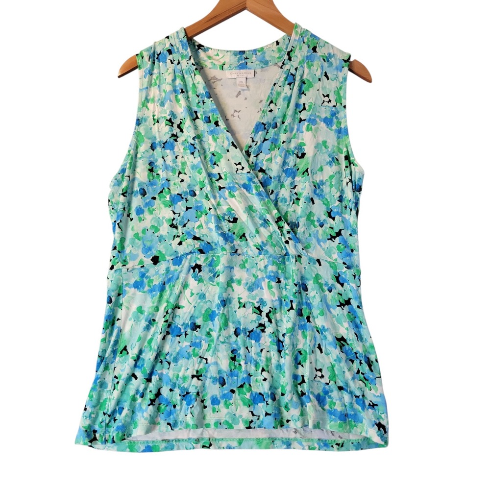 Charter Club Petite Womens Blue Green Floral Faux Wrap Top PM Sleeveless Summer